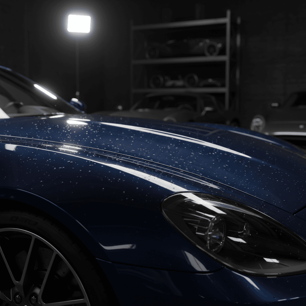 Freshly detailed luxury vehicle with mirror-like shine under professional lighting