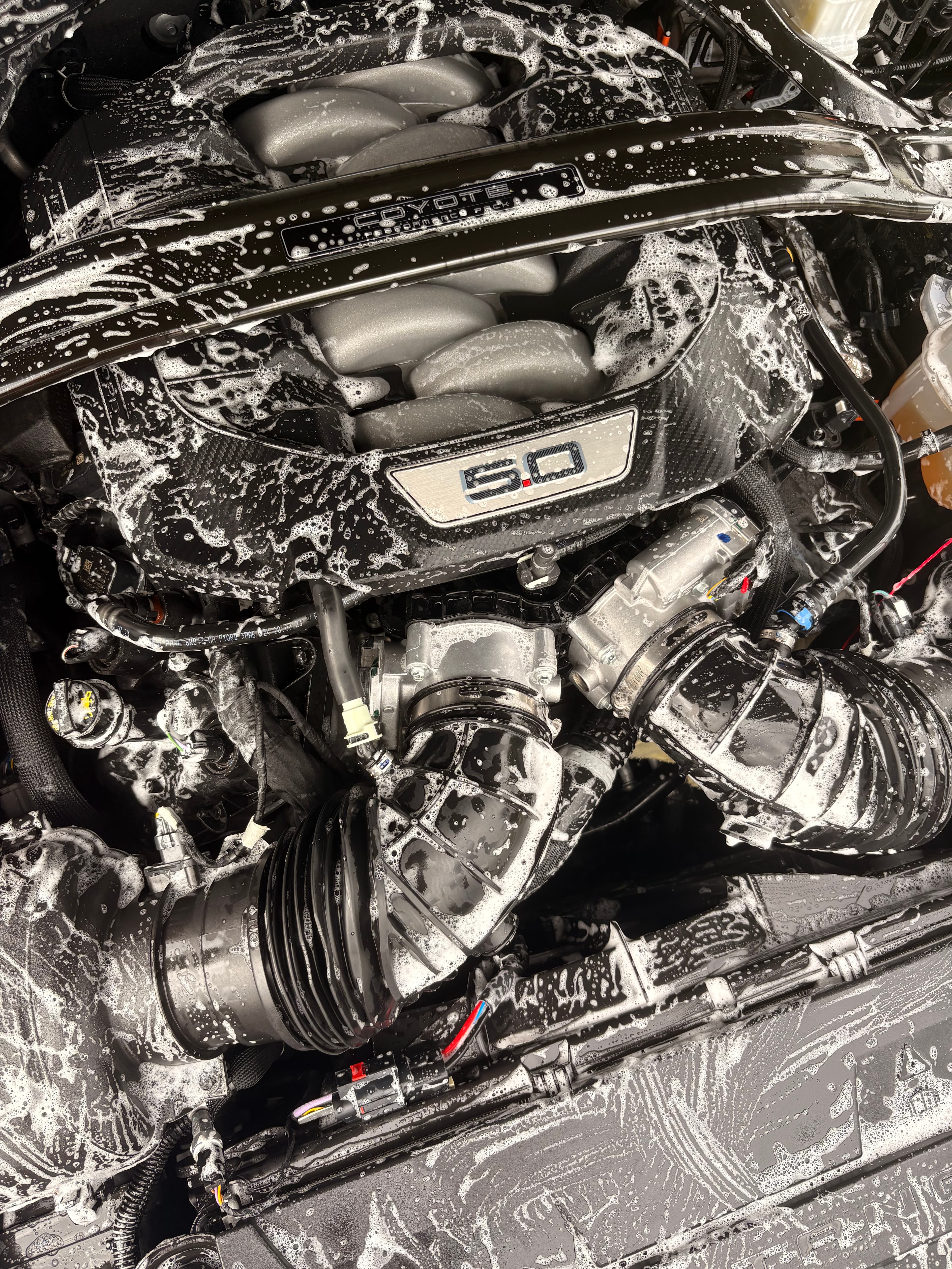 A Ford Coyote 5.0 engine bay covered in white soap suds during a thorough cleaning.